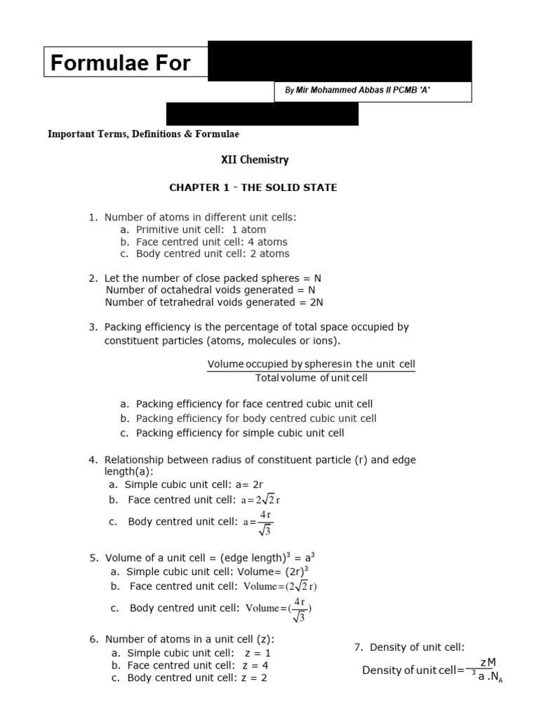 Formuals For Solid State | PDF | Crystal Structure | Formula