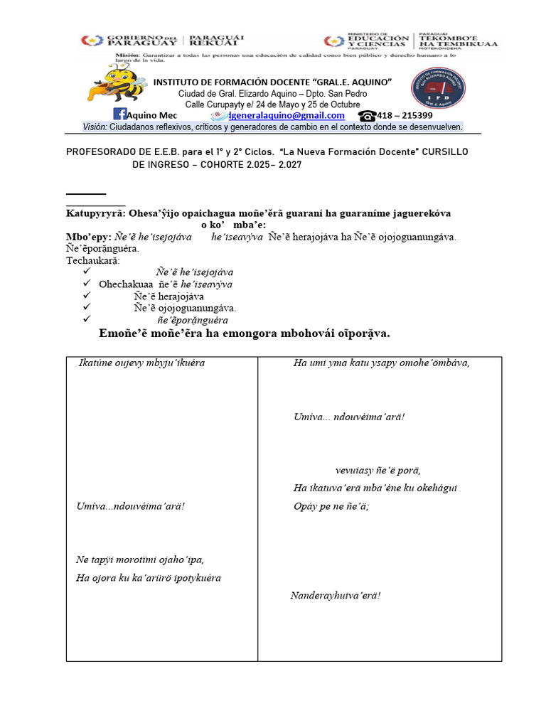 Cursillo de Ingreso 2025: Guaraní | PDF