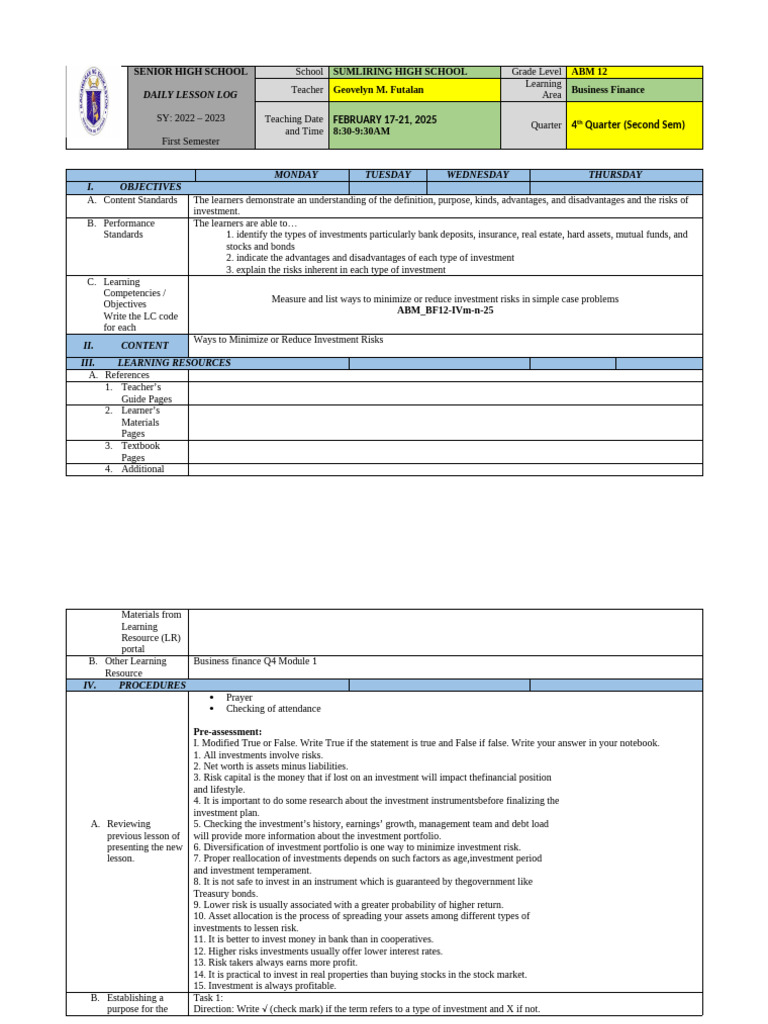 DLL Business Finance Q2 Week 2 | PDF | Investing | Risk