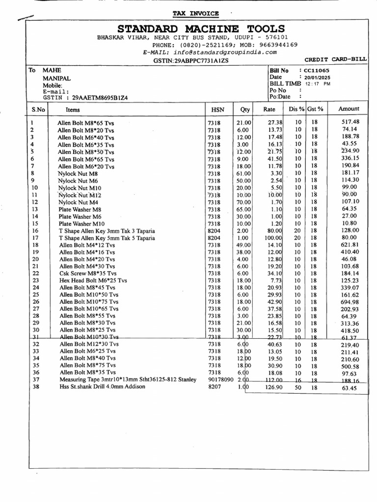 Tax Invoice for Standard Machine Tools | PDF | Screw | Machining