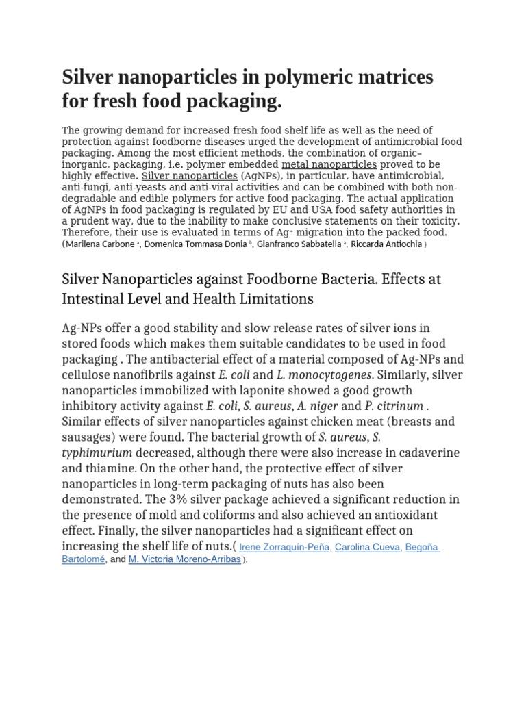 Silver Nanoparticles in Polymeric Matrices For Fresh Food Packaging ...