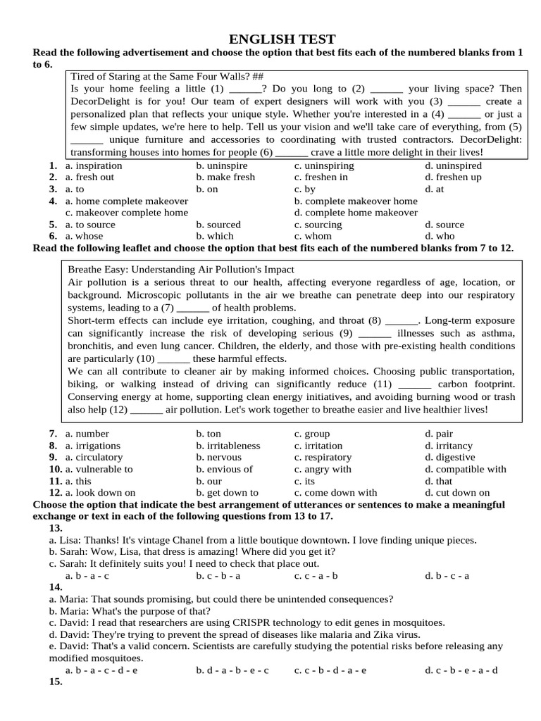 English Test: Fill-in-the-Blank Exercises | PDF | Public Opinion ...