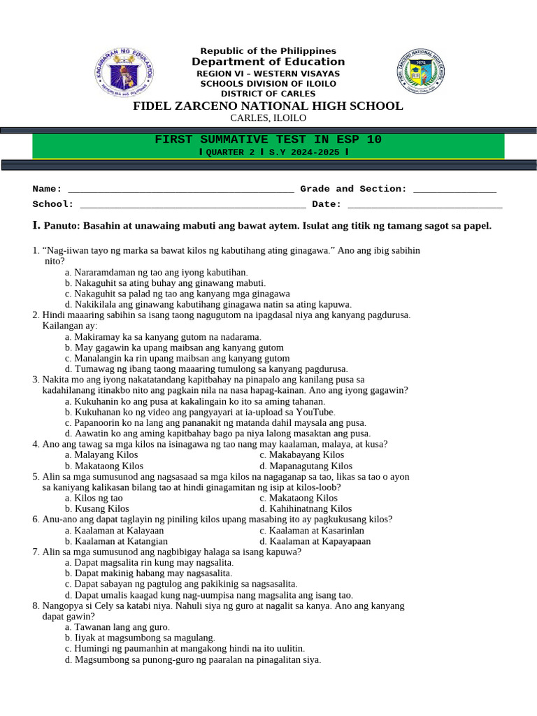 Ist Summative Test in EsP 10 2nd Quarter | PDF
