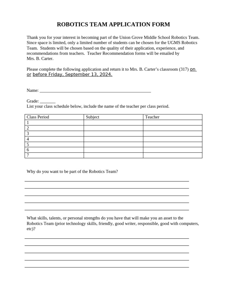 UGMS Robotics Team Application Form | PDF