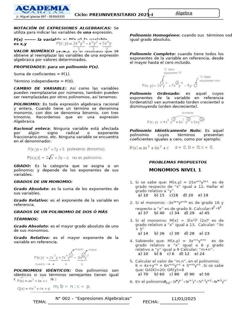 Expresiones Algebraicas y Polinomios | PDF | Variable (Matemáticas ...