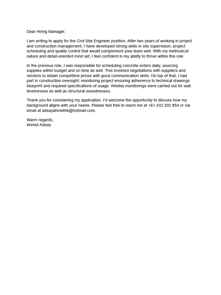 Civil Site Engineer Application Letter | PDF