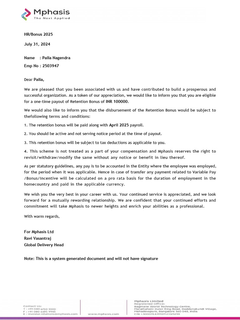 2025 Retention Bonus Notification | PDF