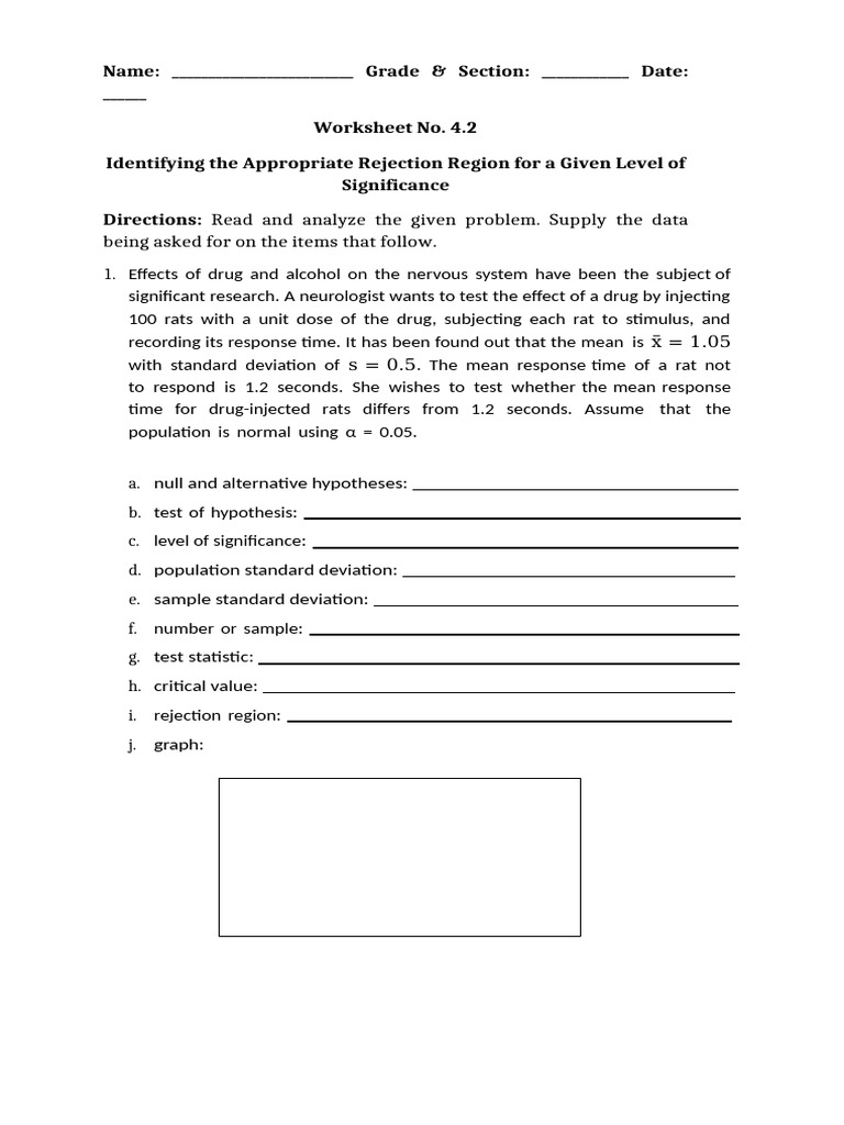 Worksheet No. 4.2 - Identifying The Appropriate Rejection Region For A ...