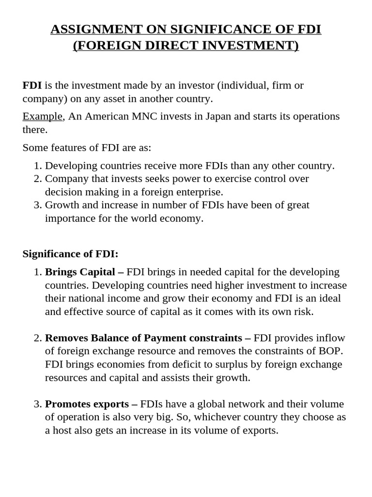 Significance and Features of FDI | PDF