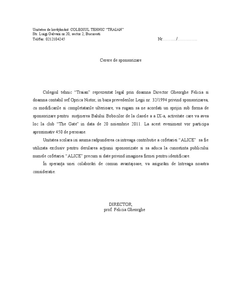 cerere sponsorizare