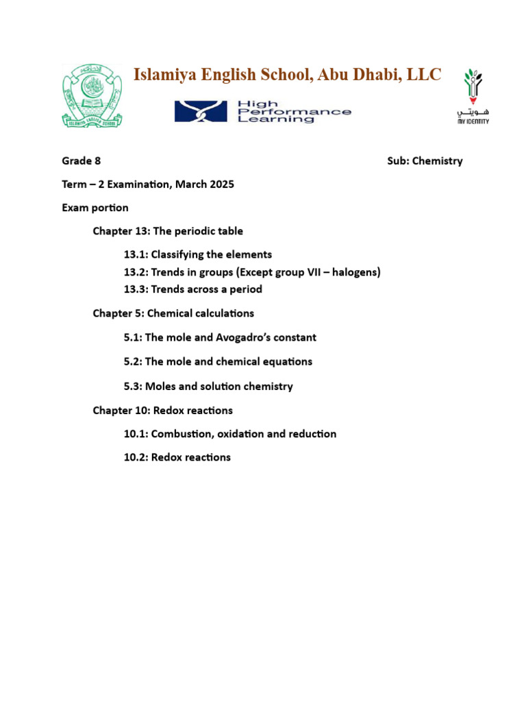 Grade 8 Chemistry Exam Topics 2025 | PDF