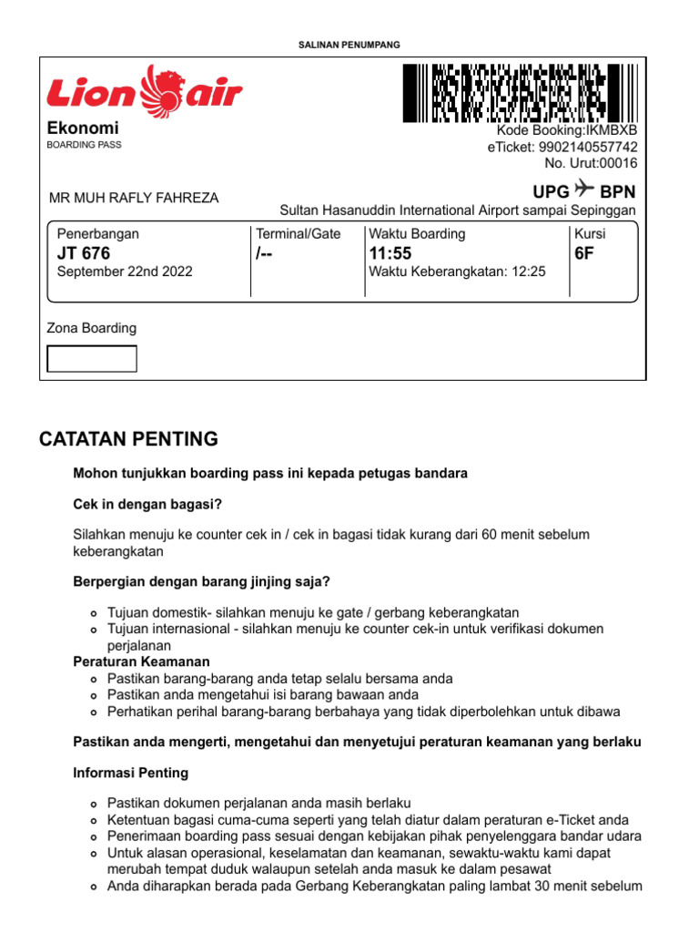 Boarding Pass JT 676 untuk MR MUH RAFLY | PDF