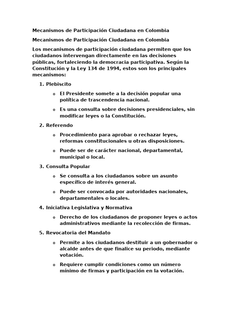 Mecanismos de Participación Ciudadana en Colombia | PDF | Judicaturas ...