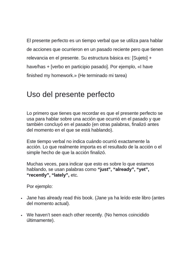 Verbos en Presente Perfecto | PDF | Verbo | Sintaxis