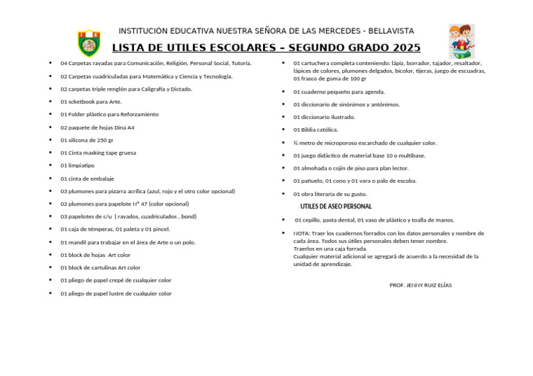 Útiles Escolares Segundo Grado 2025 | PDF | Papelería | Materiales de ...
