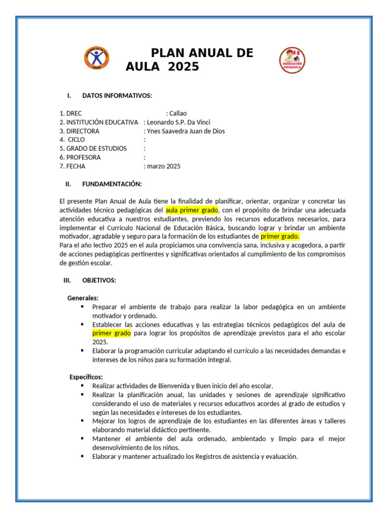 Plan Anual de Aula 2025 para Primaria | PDF | Plan de estudios | Salón ...