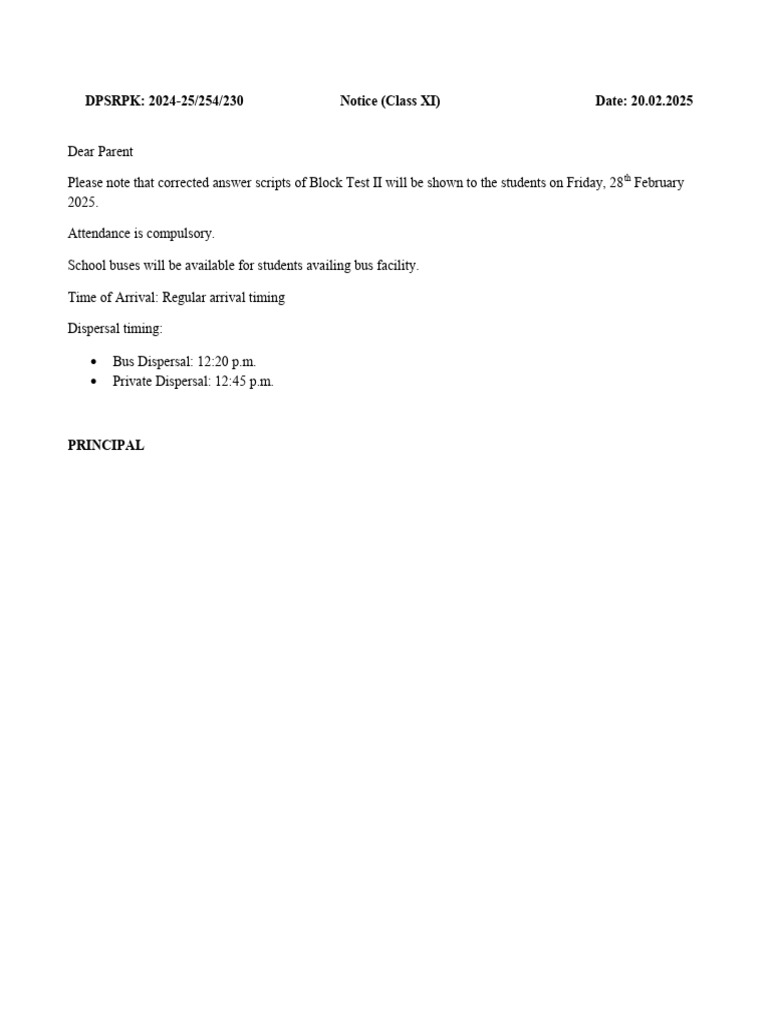 Class XI Block Test II Notice 2025 | PDF