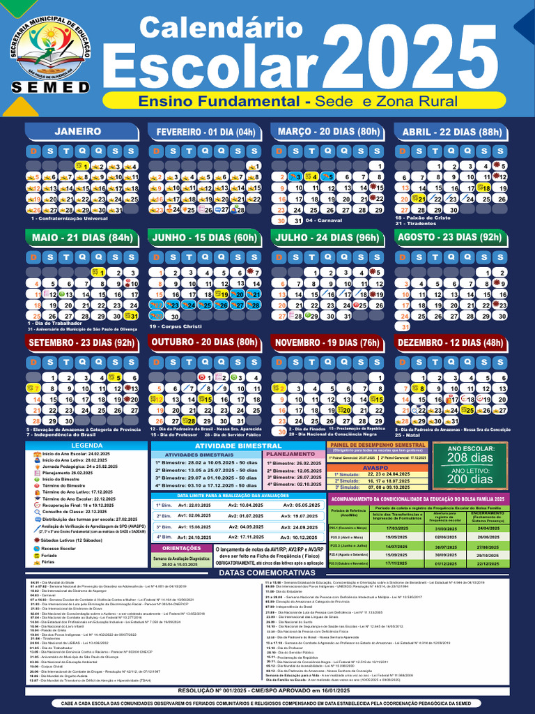 Calendário Escolar 2025 - SEMED - ENSINO FUNDAMENTAL-1 | PDF