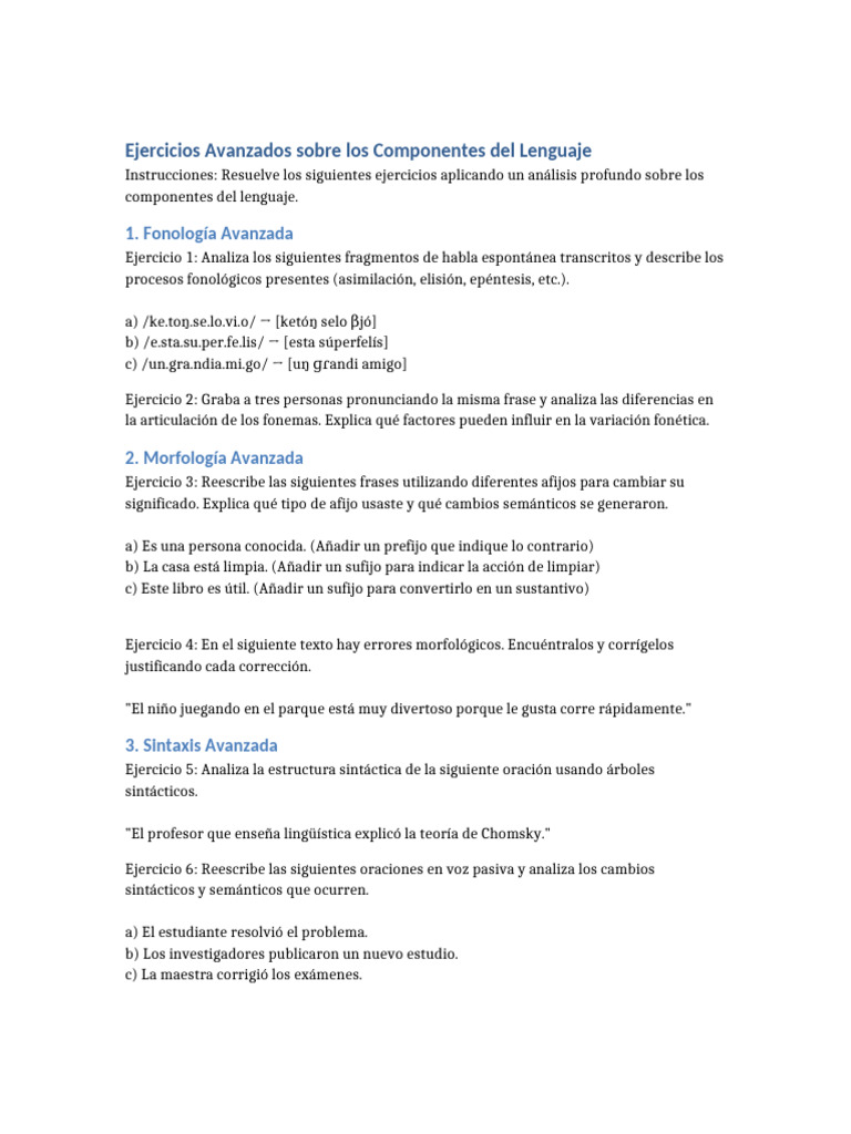 Ejercicios Avanzados de Lenguaje y Análisis | PDF | Sintaxis | Oración ...