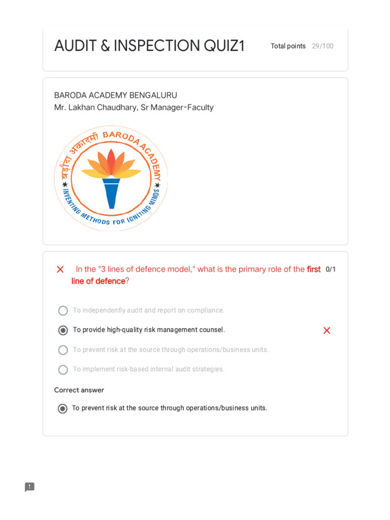 Baroda Academy Audit Compliance Quiz | PDF | Internal Audit | Audit