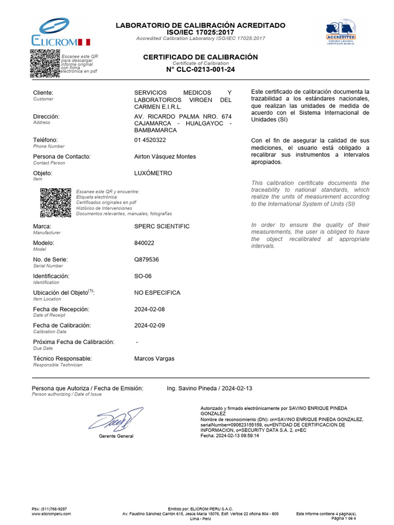 Certificado de Calibración N° CLC-0213-001-24 | PDF | Metrología | Cantidad