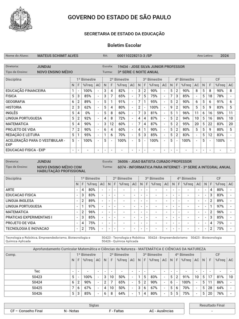 Boletim Escolar 2024 - Aluno Mateus Schimit | PDF
