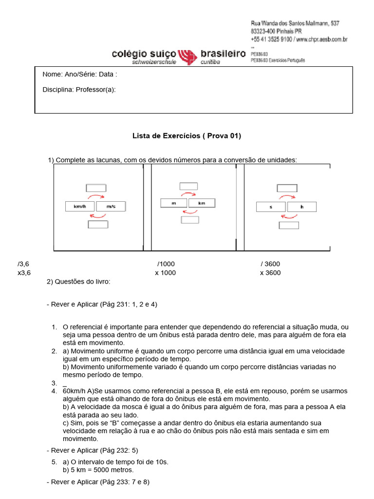 Lista de Exercícios de Física: Movimento e Velocidade | PDF ...