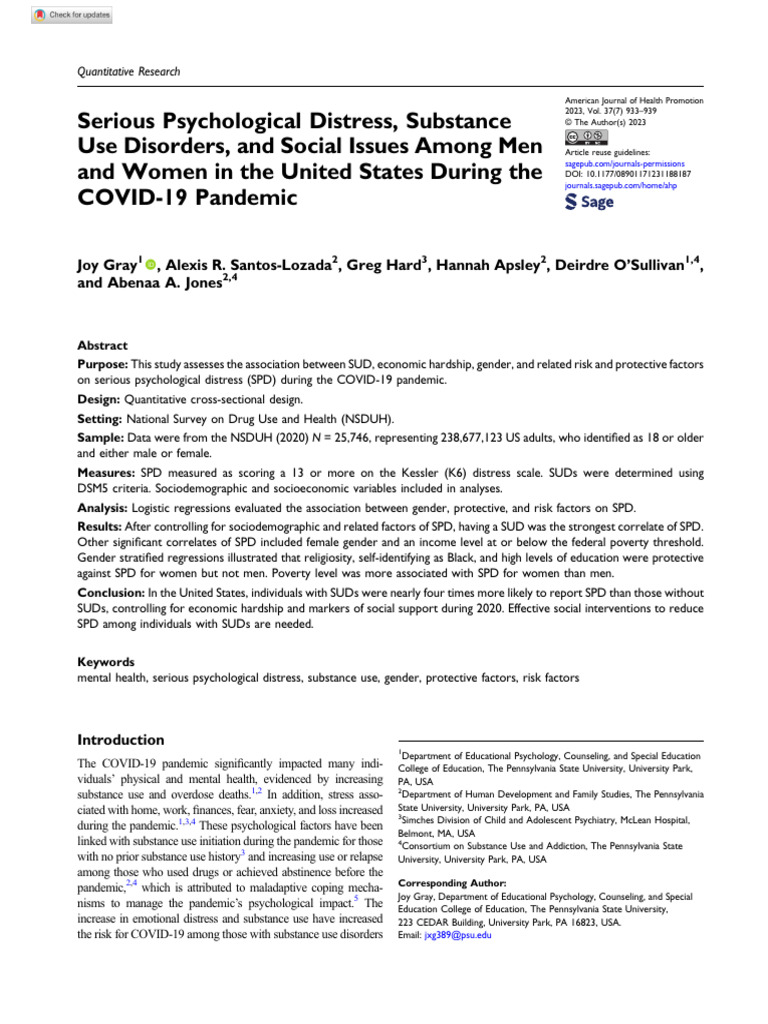 Gray Et Al 2023 Serious Psychological Distress Substance Use Disorders ...
