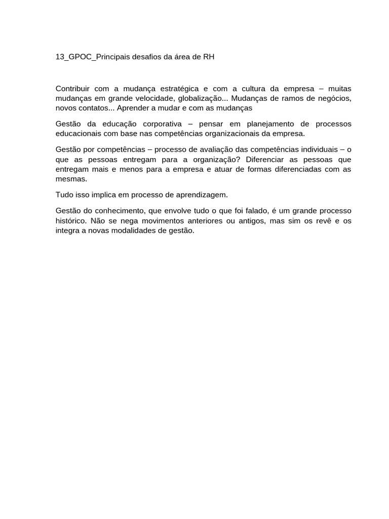 13 - GPOC - Principais Desafios Da Área de RH | PDF
