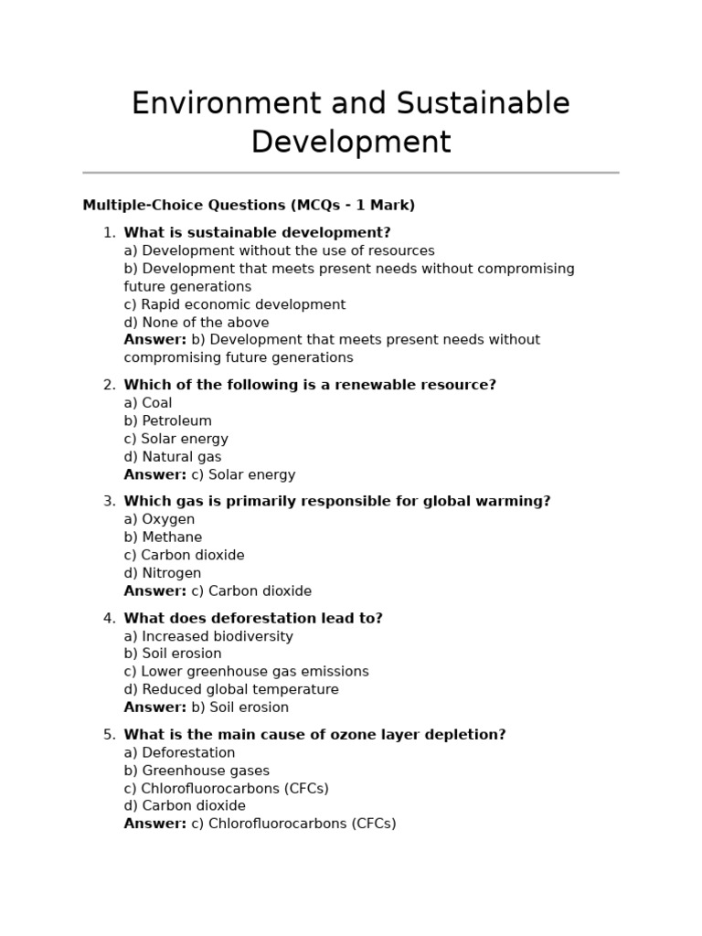 Sustainable Development MCQs and Answers | PDF | Climate Change ...