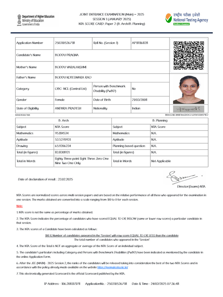 JEE Main 2025 Scorecard for B. Arch | PDF | Tests | Student Assessment ...