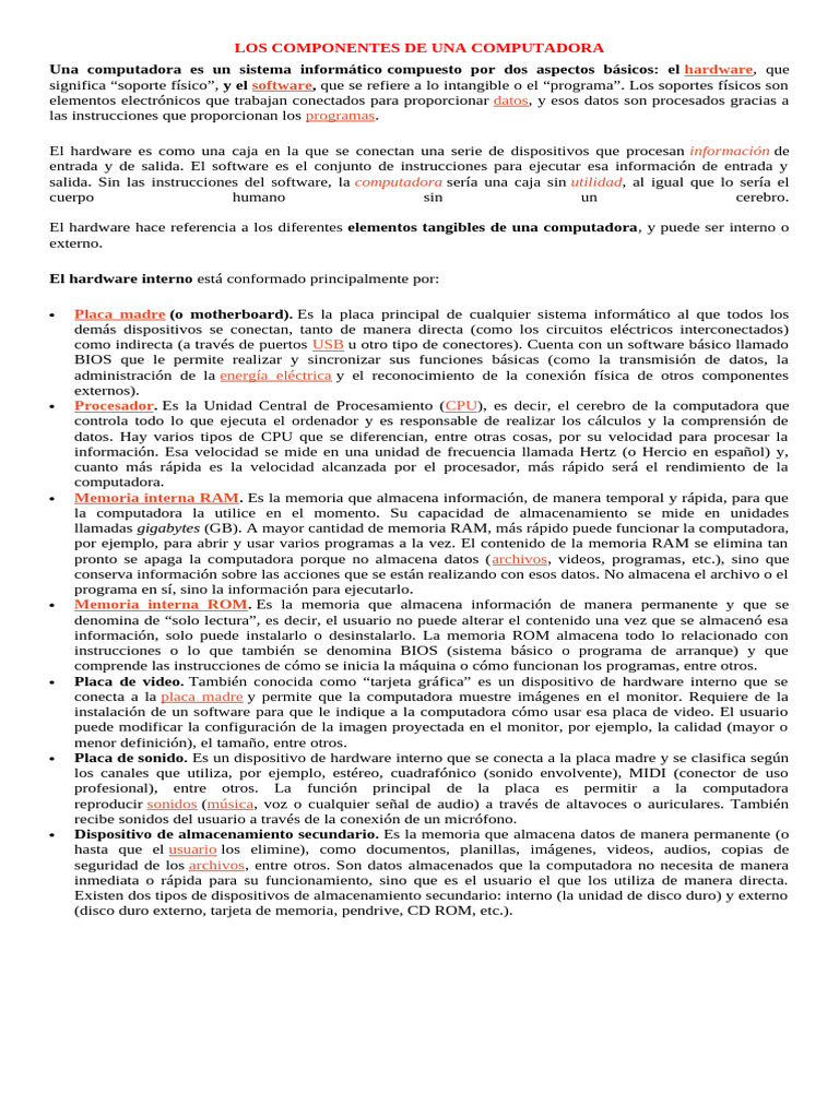 Componentes esenciales de una computadora | PDF | Hardware de la ...