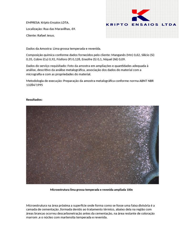 Análise Metalográfica de Lima Grossa Temperada | PDF