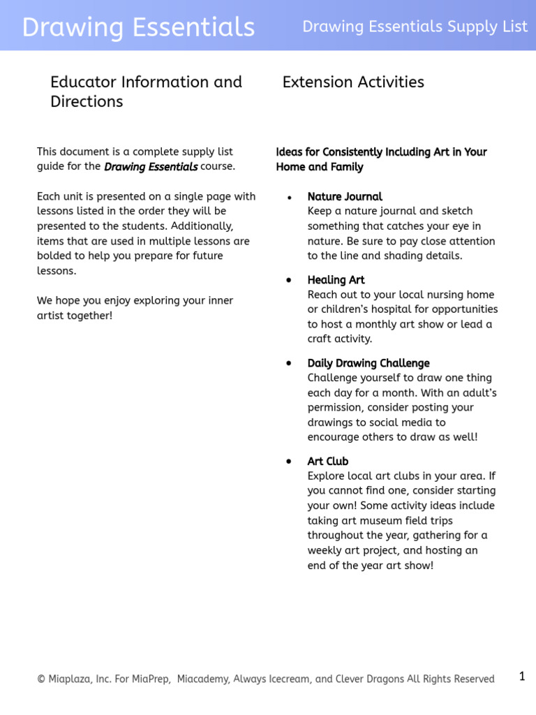 Drawing Essentials Supply List Guide | PDF | Drawing | Crafts