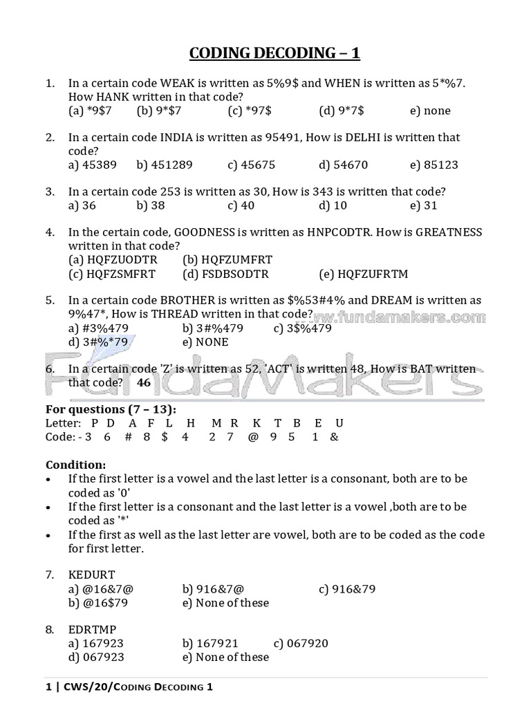 Coding Decoding - 1: 46 For Questions (7 - 13) | PDF | Languages ...