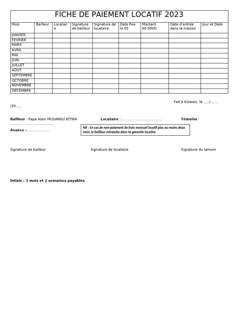 Fiche de Paiement Locatif 2023 | PDF