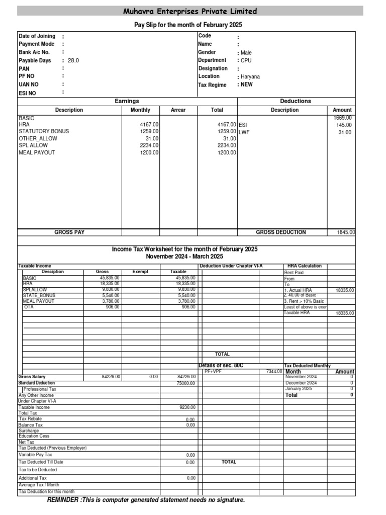 A14932198767c15d2e0e9a3 E4188 Feb25Payslip | PDF | Taxes | Tax Deduction