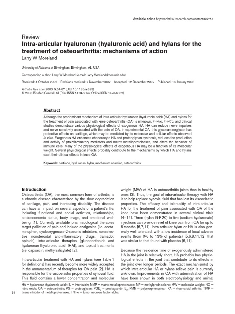 Intra-Articular Hyaluronan (Hyaluronic Acid) and Hylans For The ...