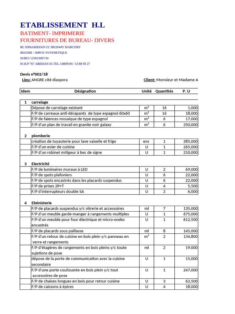 Devis de travaux de rénovation à Abidjan | PDF | Instruments ...