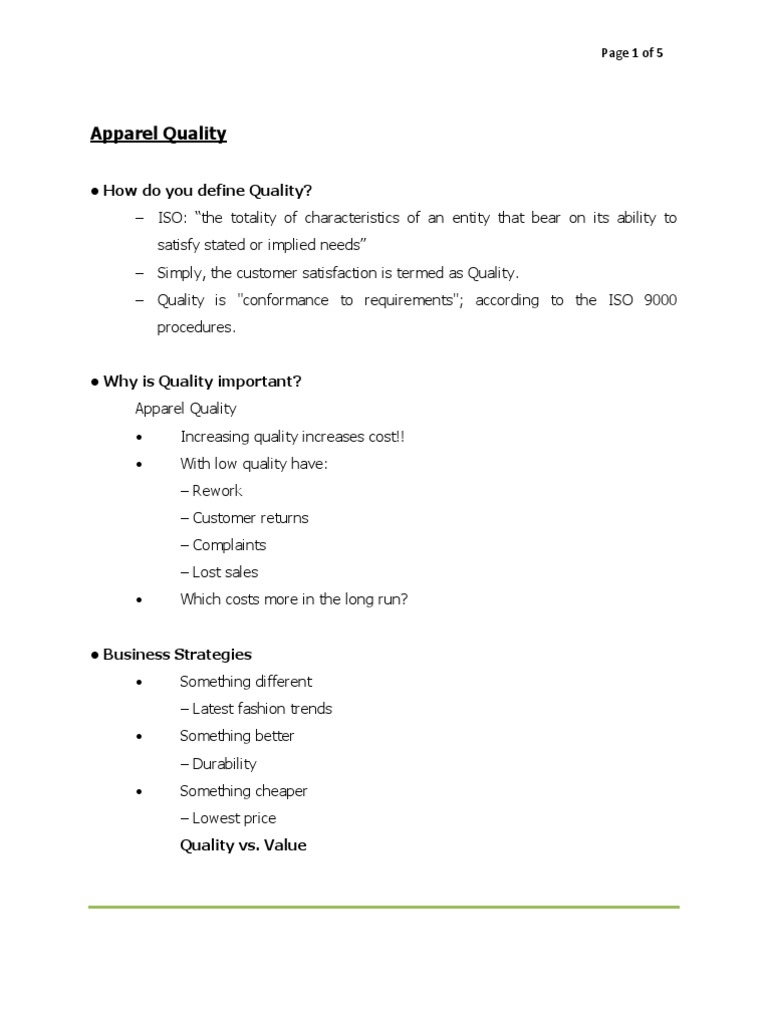 Apparel Quality How Do You Define Quality? PDF Quality Assurance