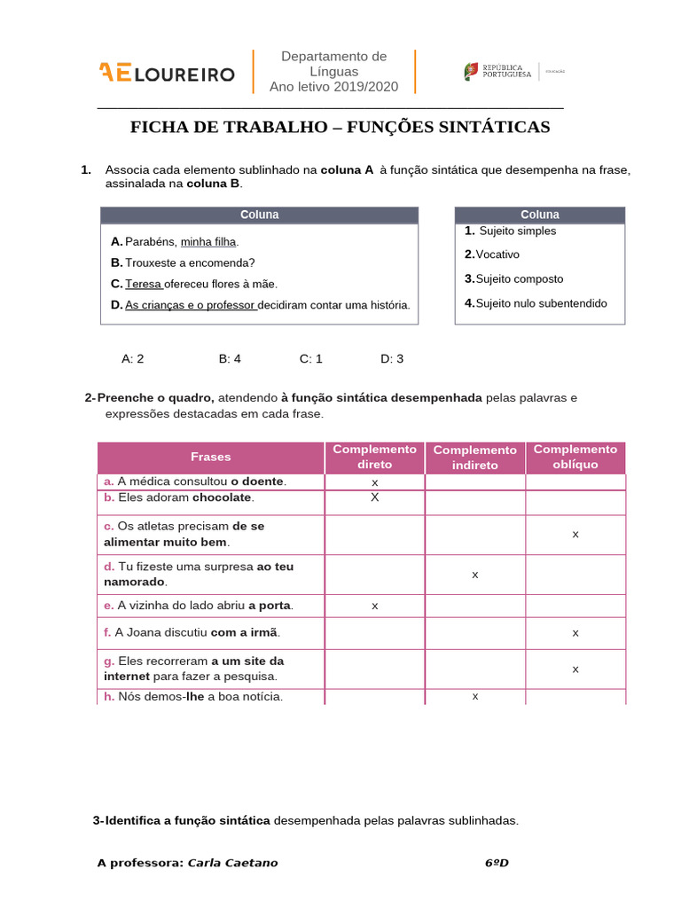 Ficha Sobre Funções Sintáticas | PDF | Assunto (gramática)