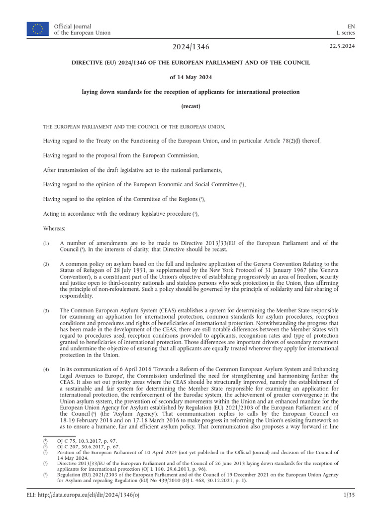 EU Directive 2024/1346 on Asylum Reception Standards | PDF | Detention ...
