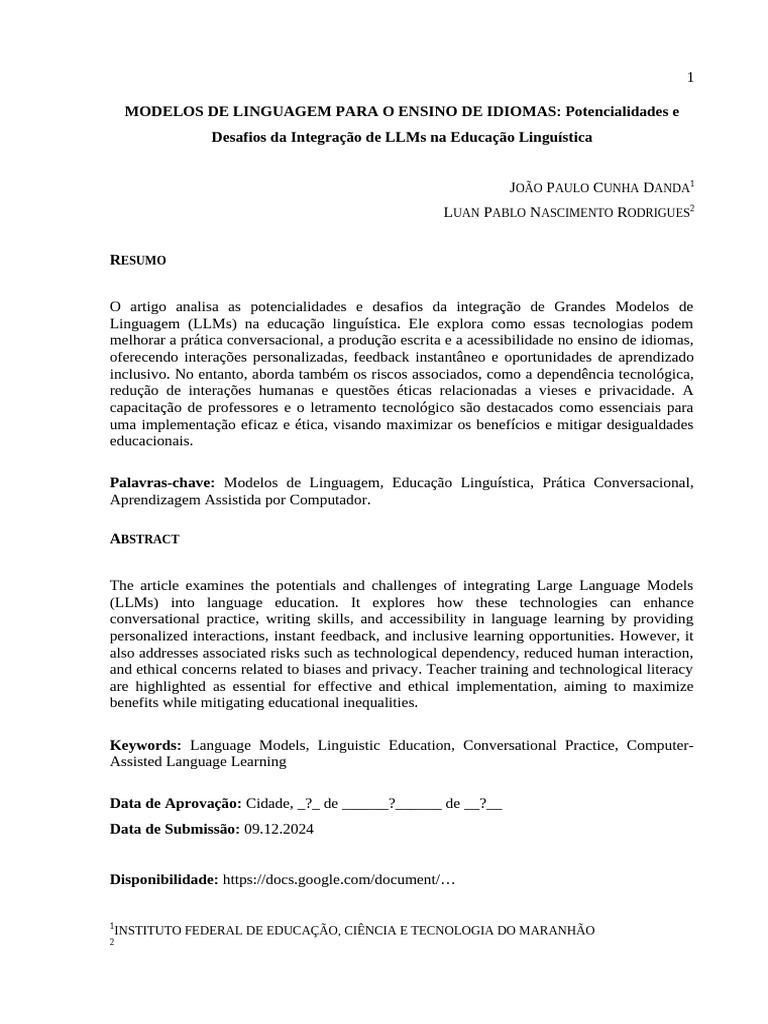 Modelos de Linguagem para o Ensino de Idiomas Potencialidades e ...