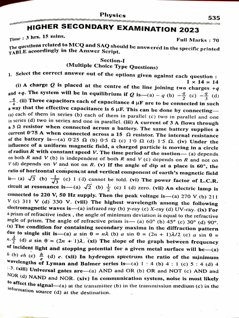 Physics Exam Questions 2023 | PDF | Diffraction | Electromagnetic Radiation