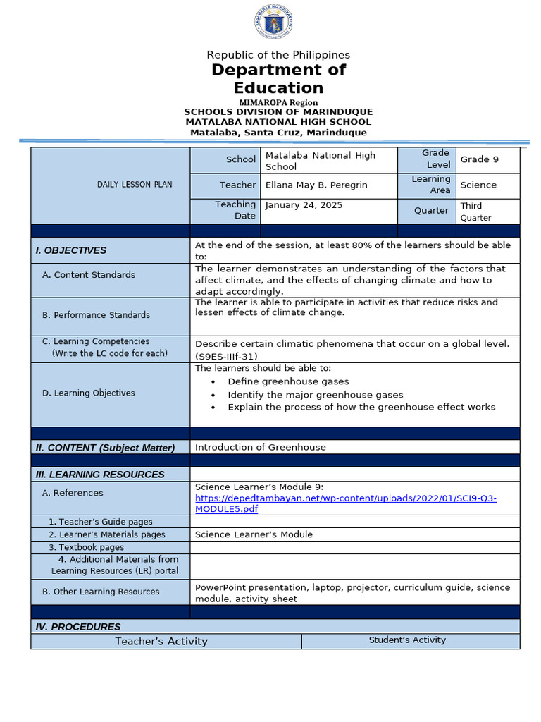 Grade 9 Science Lesson Plan: Greenhouse Gases | PDF | Mole (Unit ...