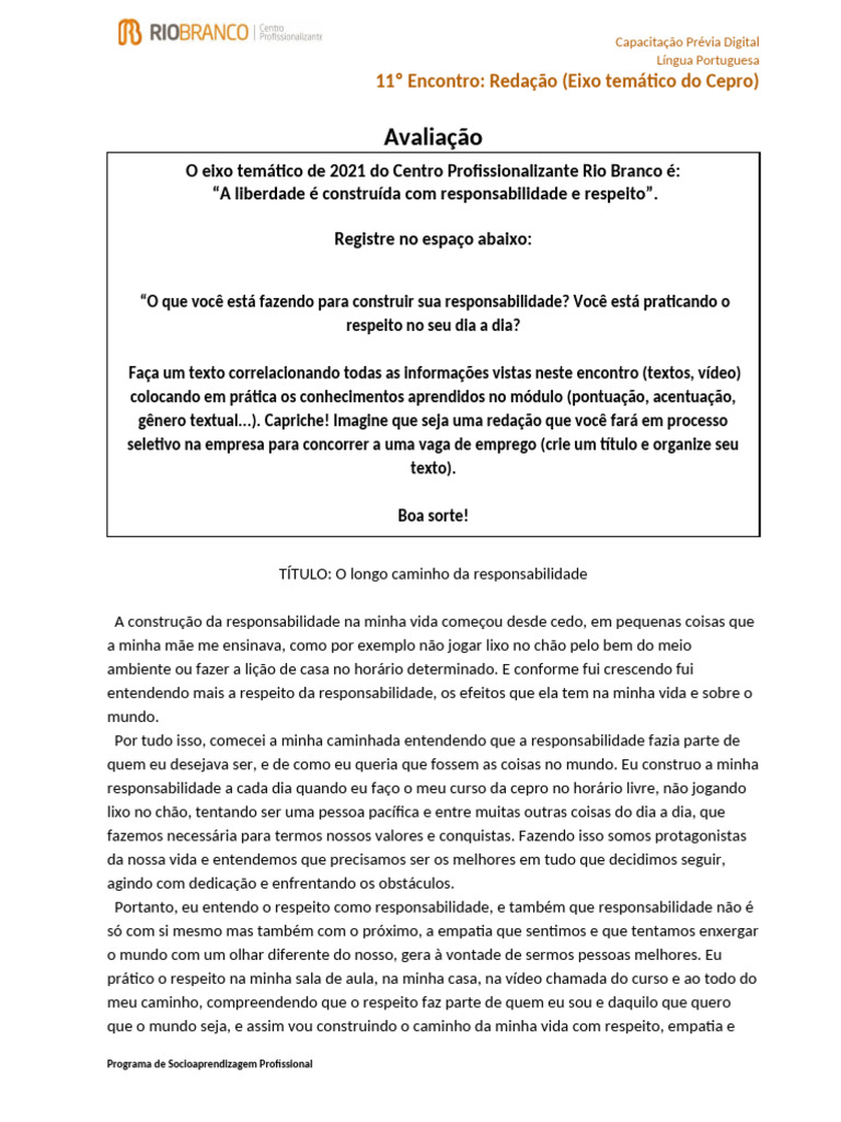 Redação sobre Responsabilidade e Respeito | PDF | Vida | Empatia