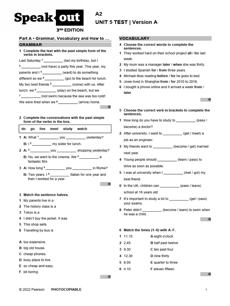 A2 Unit 5 Test: Grammar and Vocabulary | PDF