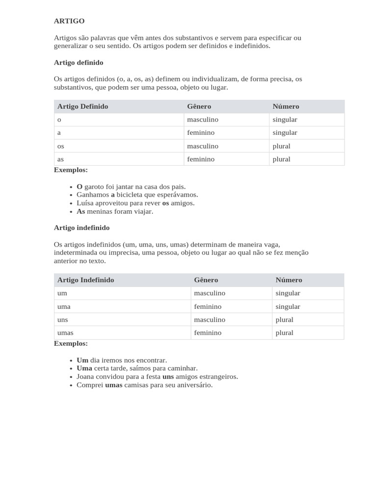 Artigos Definidos e Indefinidos | PDF