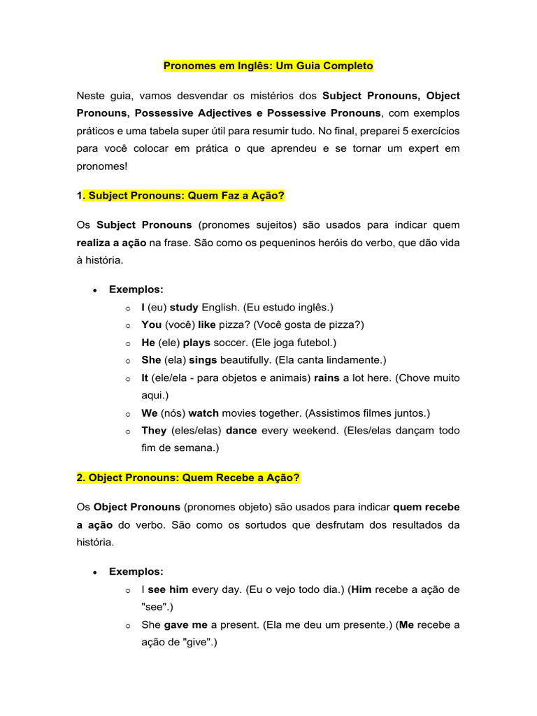 Guia Completo de Pronomes em Inglês | PDF | Famílias linguísticas ...