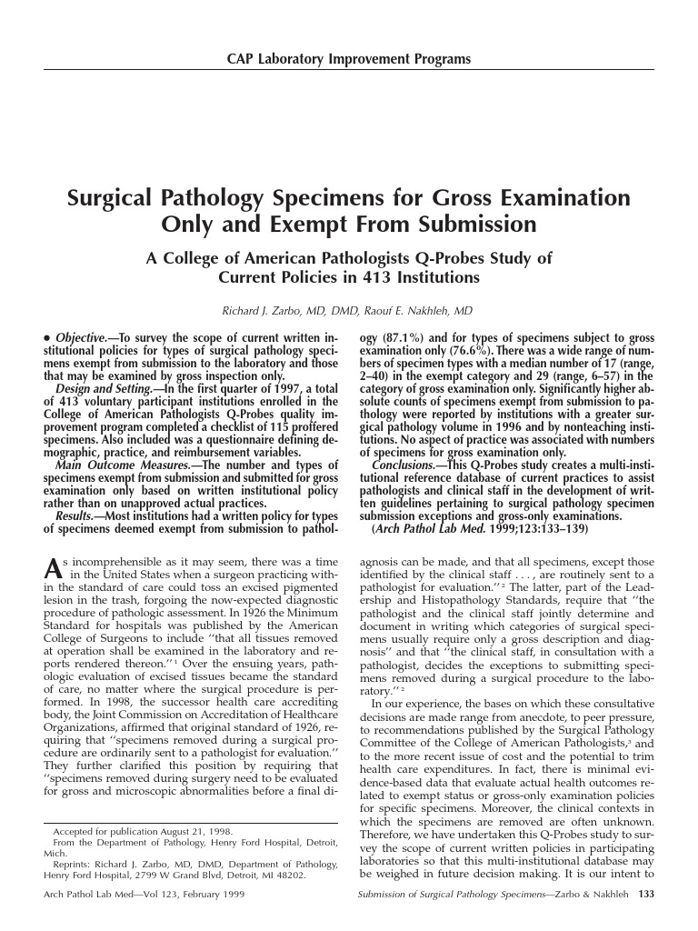 Pathology Specimens For Gross Exam Only and Exempt From Submission A